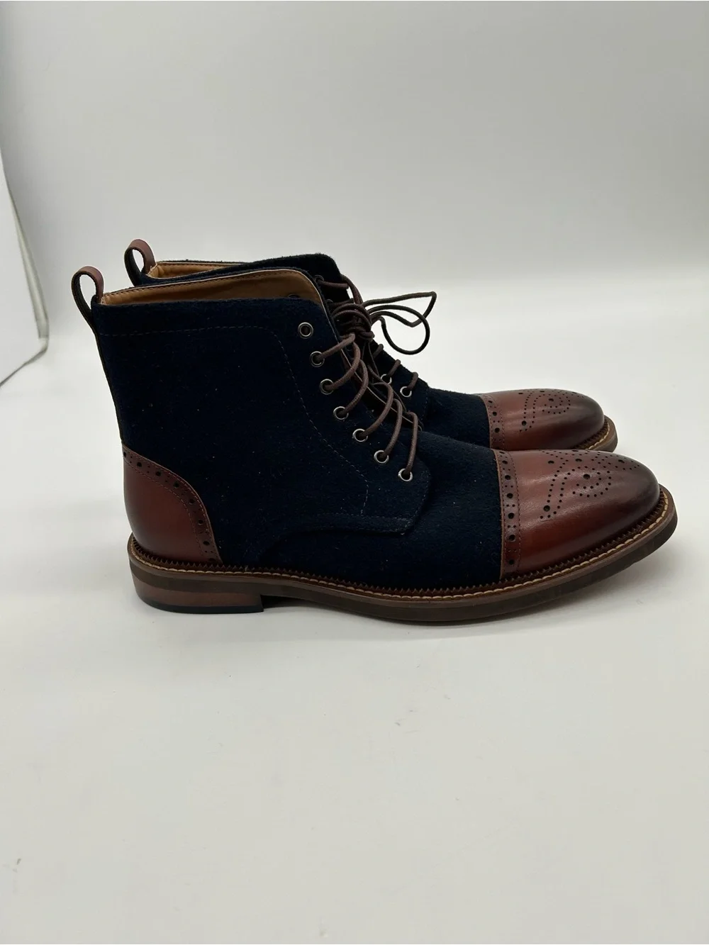 Men's Two-Tone Brogue Cap-Toe Boots - Navy and Brown